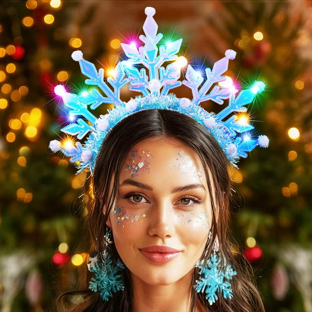 GORTIN Snowflake LED Headband on model demonstrating comfortable fit for extended wear