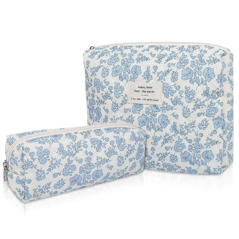 Gosect 2PC makeup bag set front view shows blue floral pattern and spacious compartments.