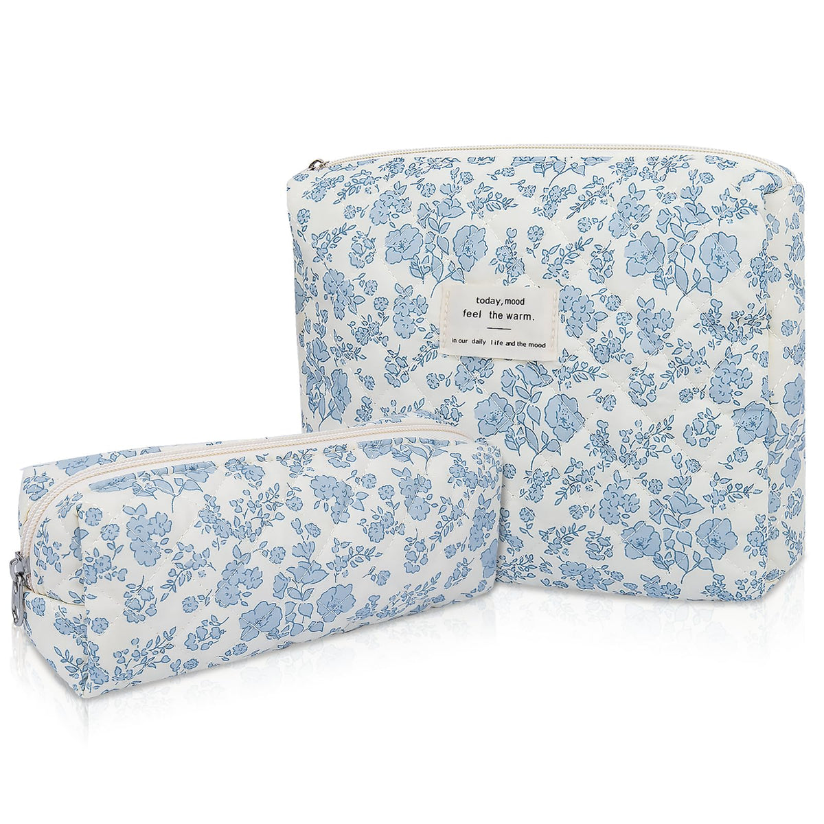 Gosect 2PC makeup bag set front view shows blue floral pattern and spacious compartments.