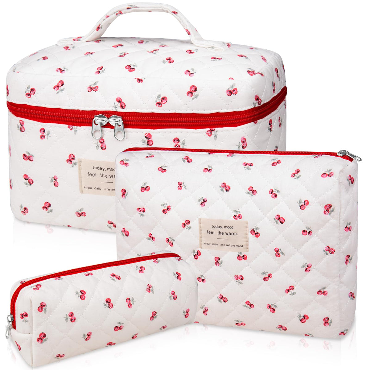 Gosect 3pc floral quilted makeup bag set in pink cherry flowers for organized travel.
