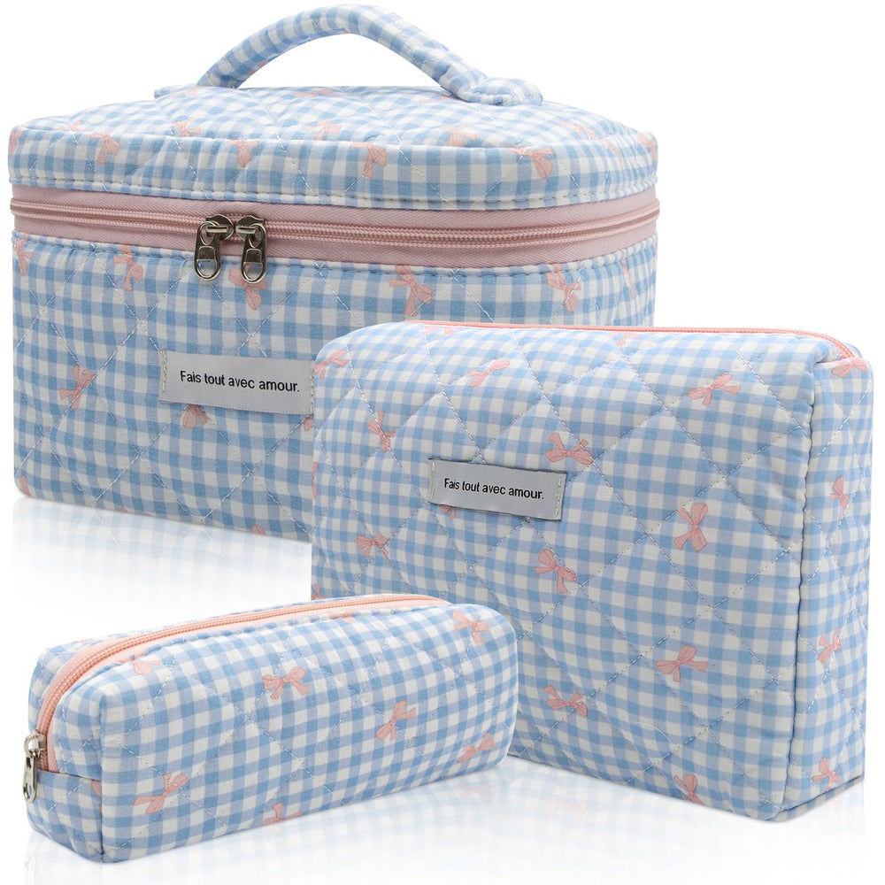 Gosect 3pc makeup bag set with blue plaid bow floral pattern for stylish travel organization