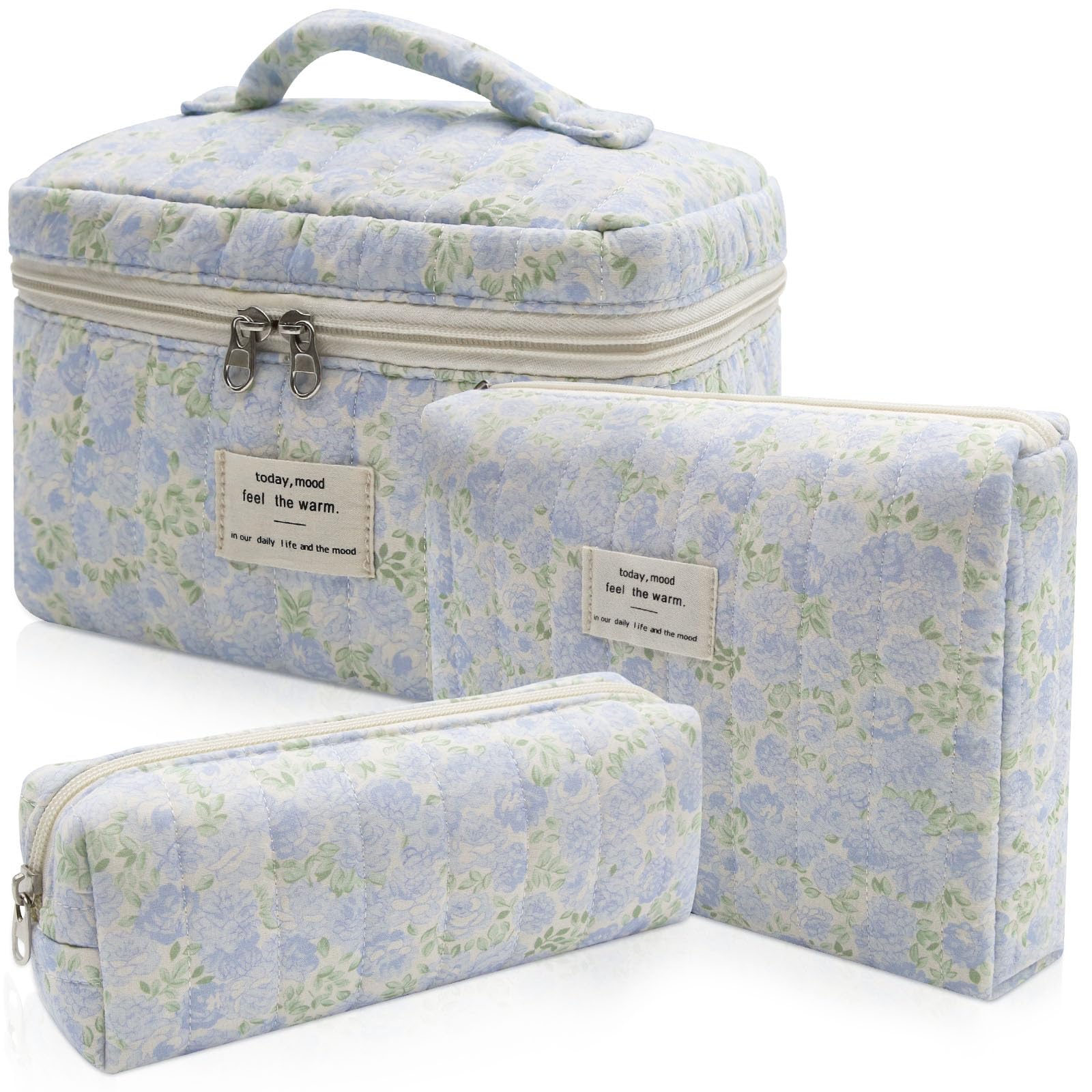 Gosect 3pc makeup bag set large with quilted floral design for organized travel.