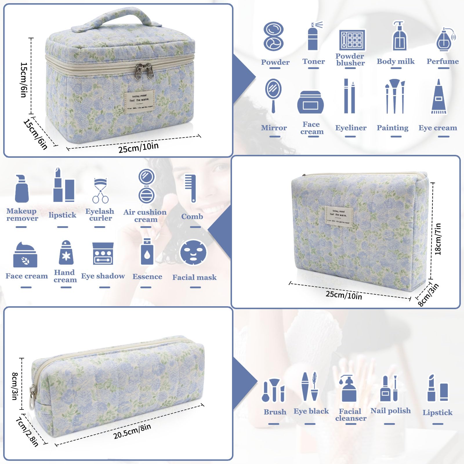Gosect 3pc makeup bag set small compact travel pouch for accessories.