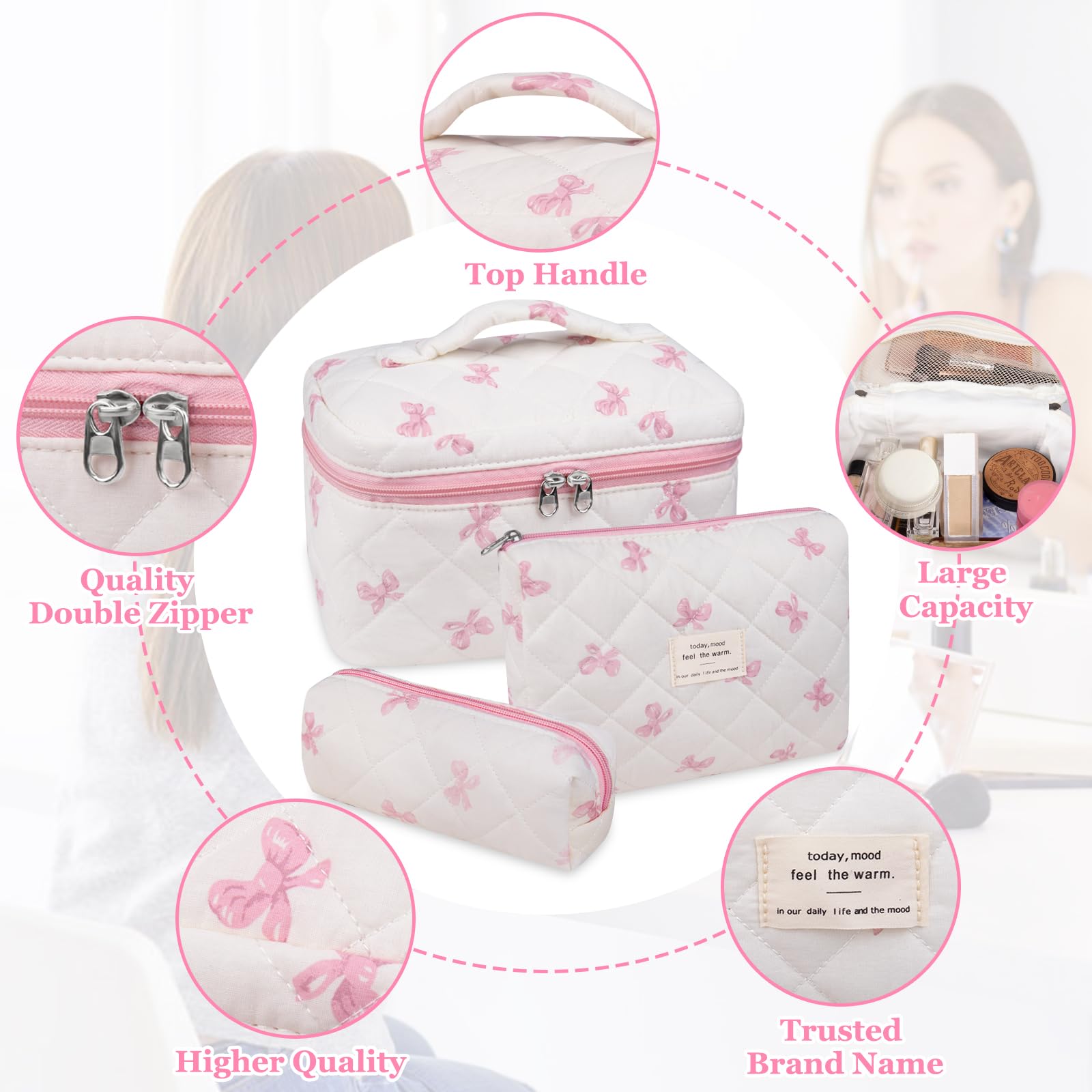 Gosect cotton quilted makeup bag closeup with gold-plated zipper detail
