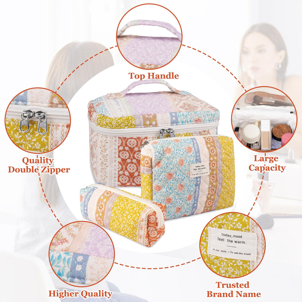 Gosect cotton quilted makeup bag with floral pattern and reinforced seams.