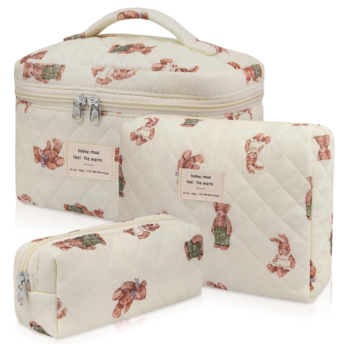 Gosect floral quilted makeup bag White Bear—compact cosmetics organizer for travel.