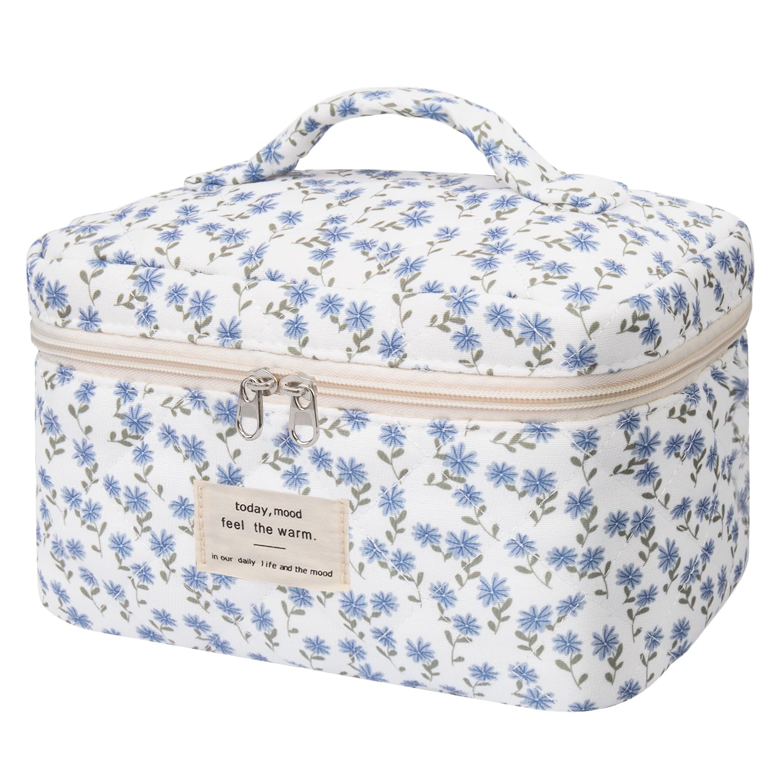 Gosect large makeup bag front view with blue peacock floral pattern for travel organization
