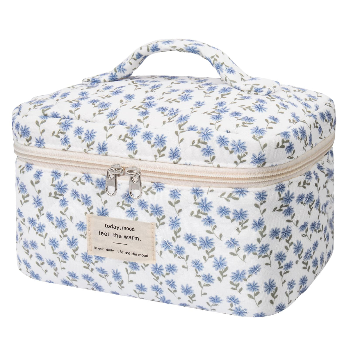 Gosect large makeup bag front view with blue peacock floral pattern for travel organization