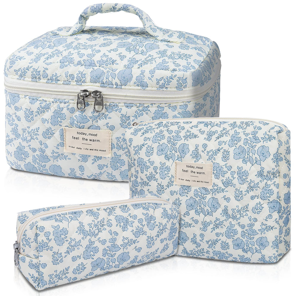 Gosect large quilted makeup bag in blue flower design for organized cosmetics.