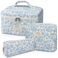 Gosect large quilted makeup bag in blue flower design for organized cosmetics.