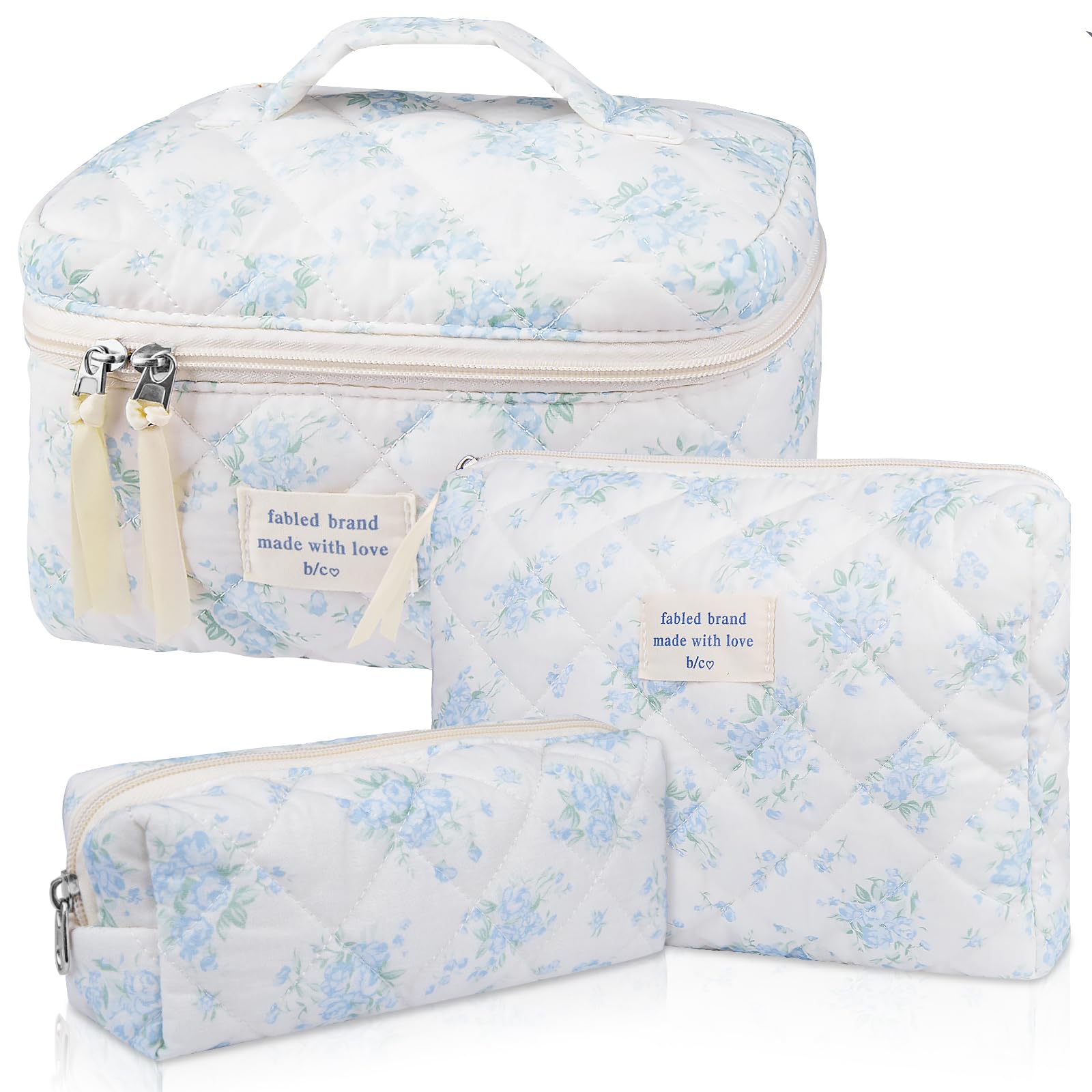 Gosect makeup bag blue rose front view with quilted floral design for organized cosmetics