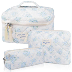 Gosect makeup bag blue rose front view with quilted floral design for organized cosmetics