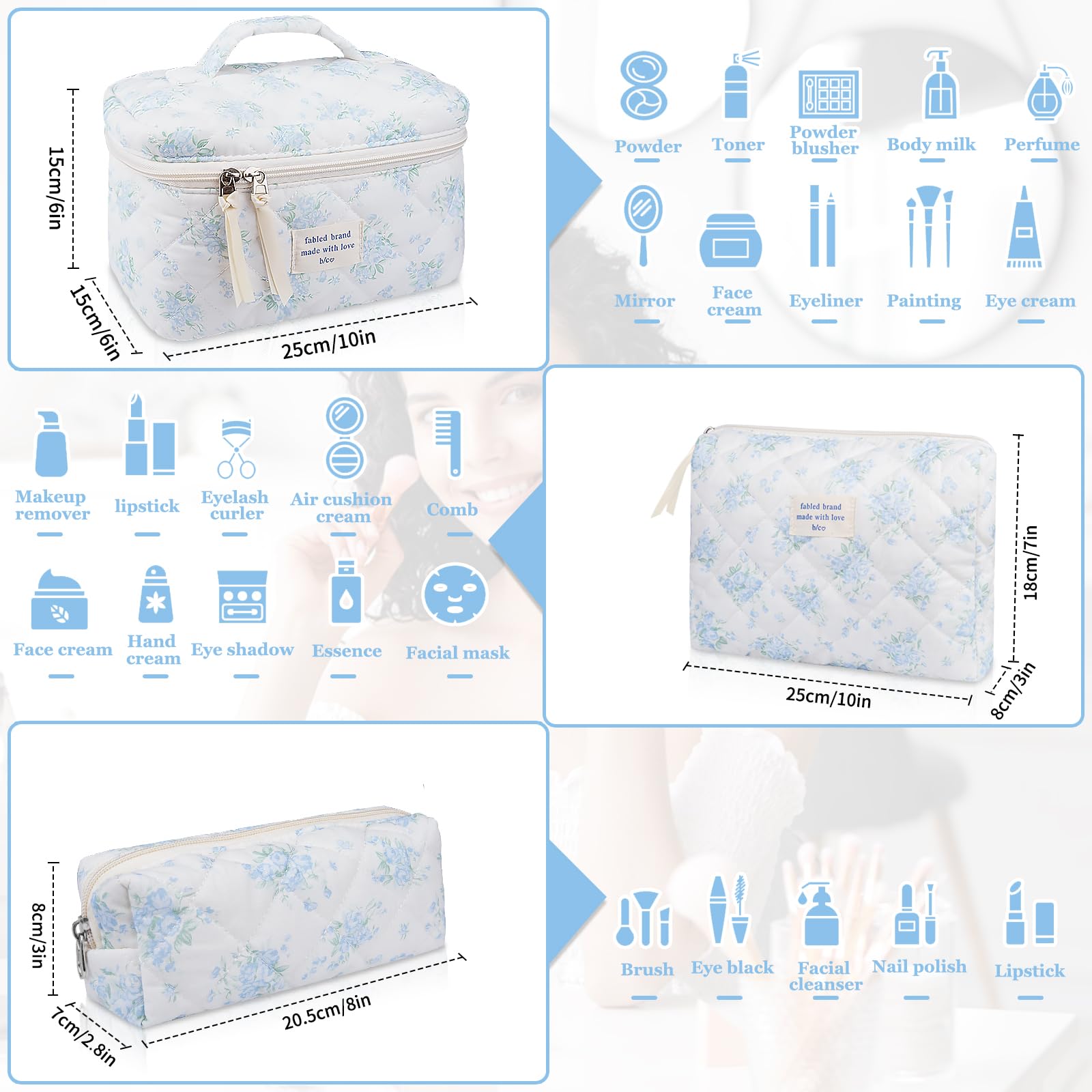 Gosect makeup bag blue rose open showing multiple compartments for easy access