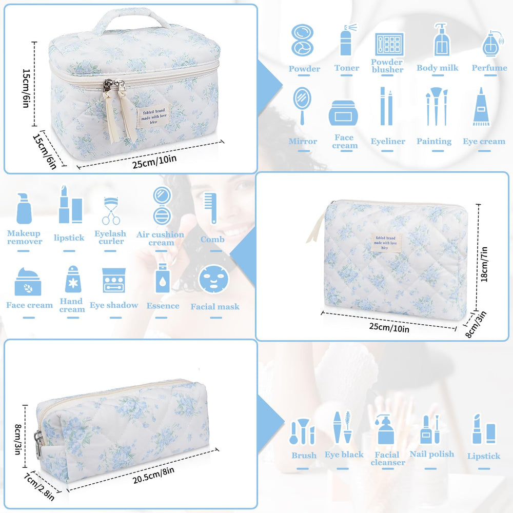 Gosect makeup bag blue rose open showing multiple compartments for easy access