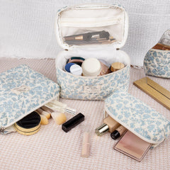 Gosect makeup bag blue rose side view highlighting compact size for travel