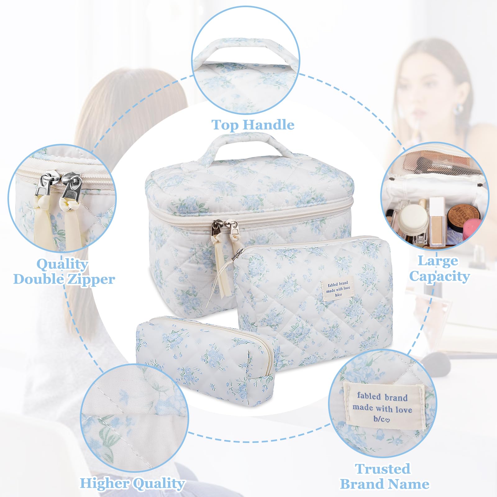 Gosect makeup bag blue rose three-sizes layout demonstrates sorting and organization