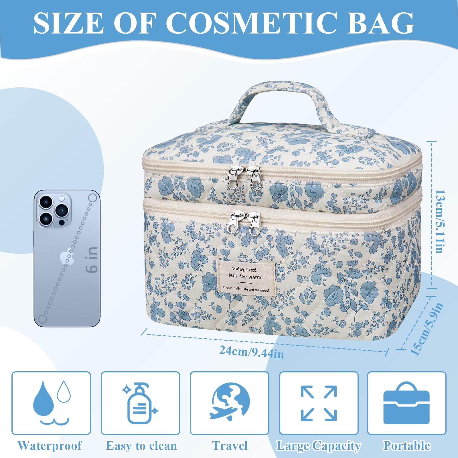 Gosect makeup bag gold zippers detail offers smooth pull and premium feel.