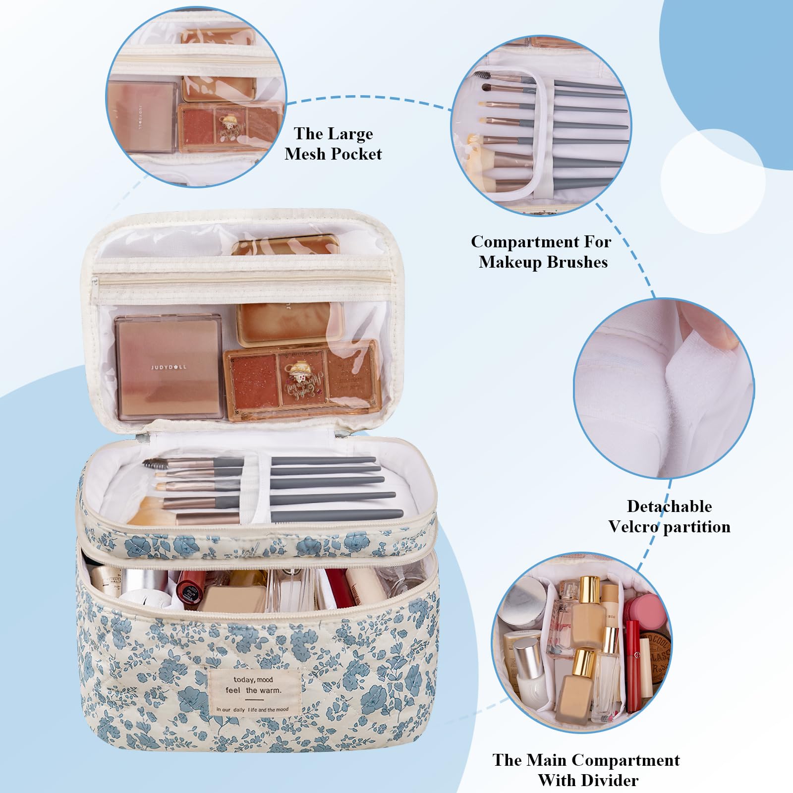 Gosect makeup bag grid middle layer shows organized space for small items.