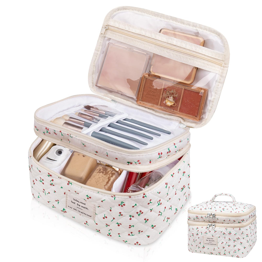 Gosect makeup bag with large capacity holds brushes and cosmetics for travel organization.