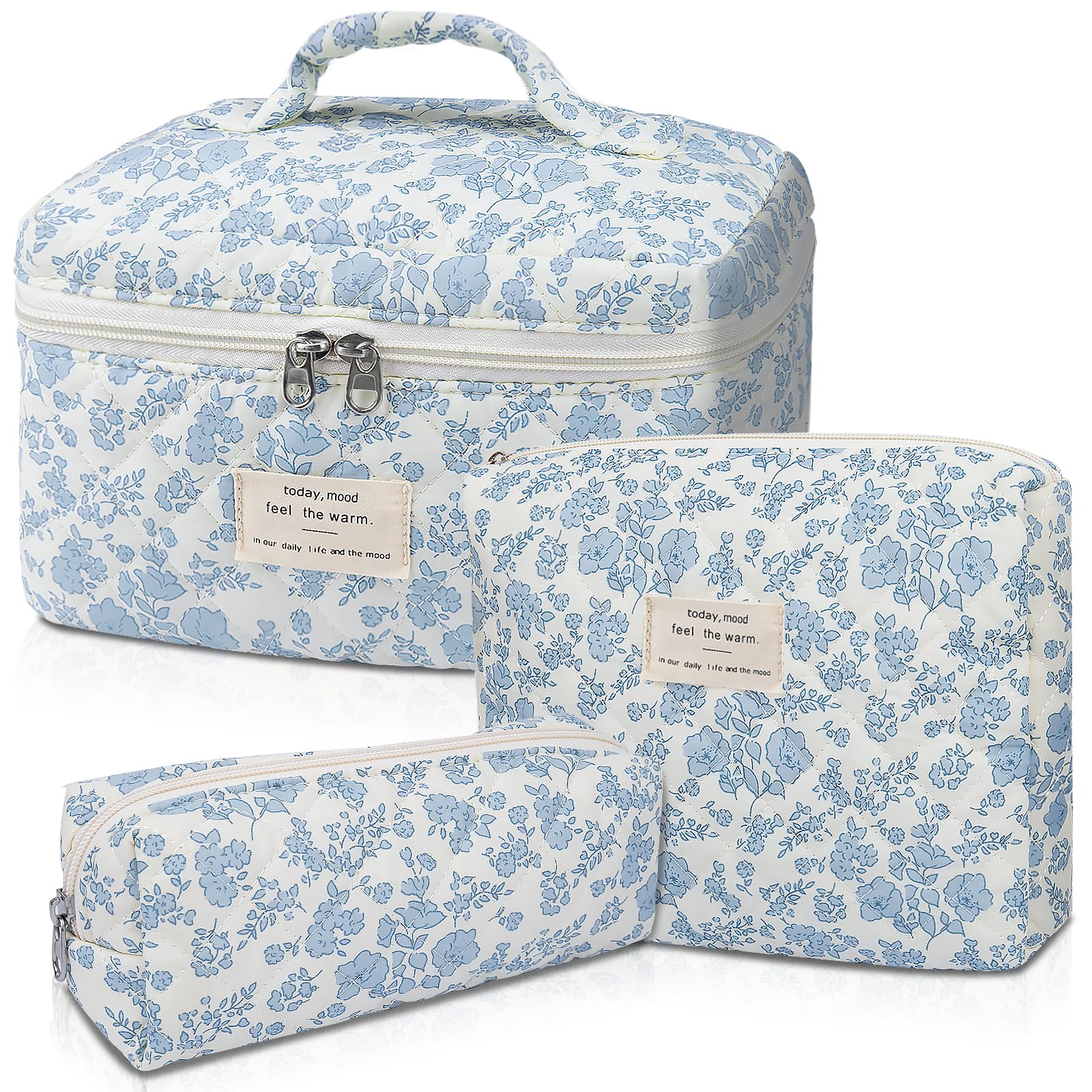 Gosect large quilted makeup bag with blue floral print, ideal for travel organization.
