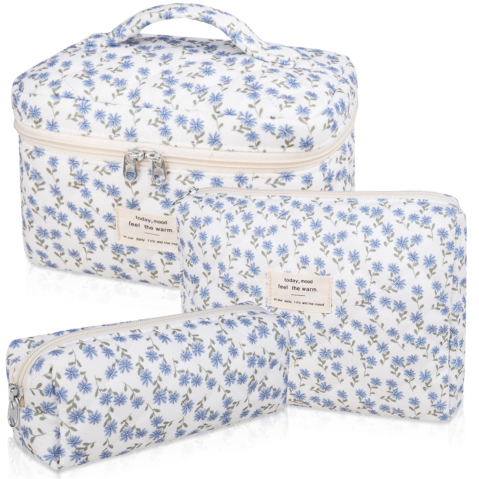 Gosect makeup bag set floral pattern front shows vibrant blue peacock blooms for stylish travel
