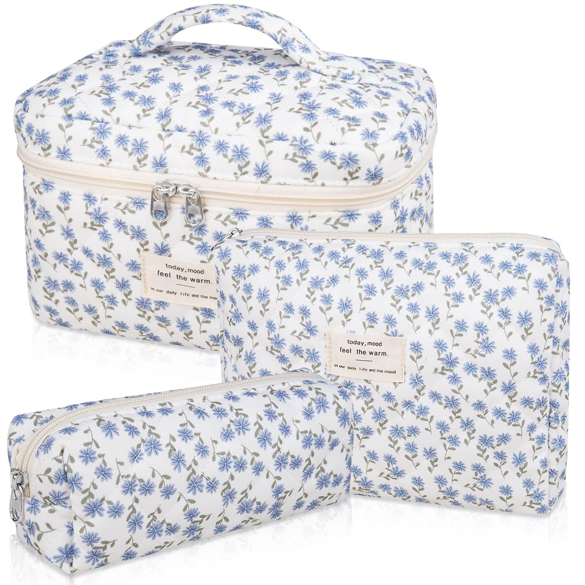 Gosect makeup bag set floral pattern front shows vibrant blue peacock blooms for stylish travel