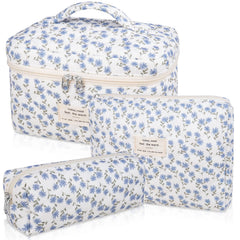 Gosect makeup bag set floral pattern front shows vibrant blue peacock blooms for stylish travel