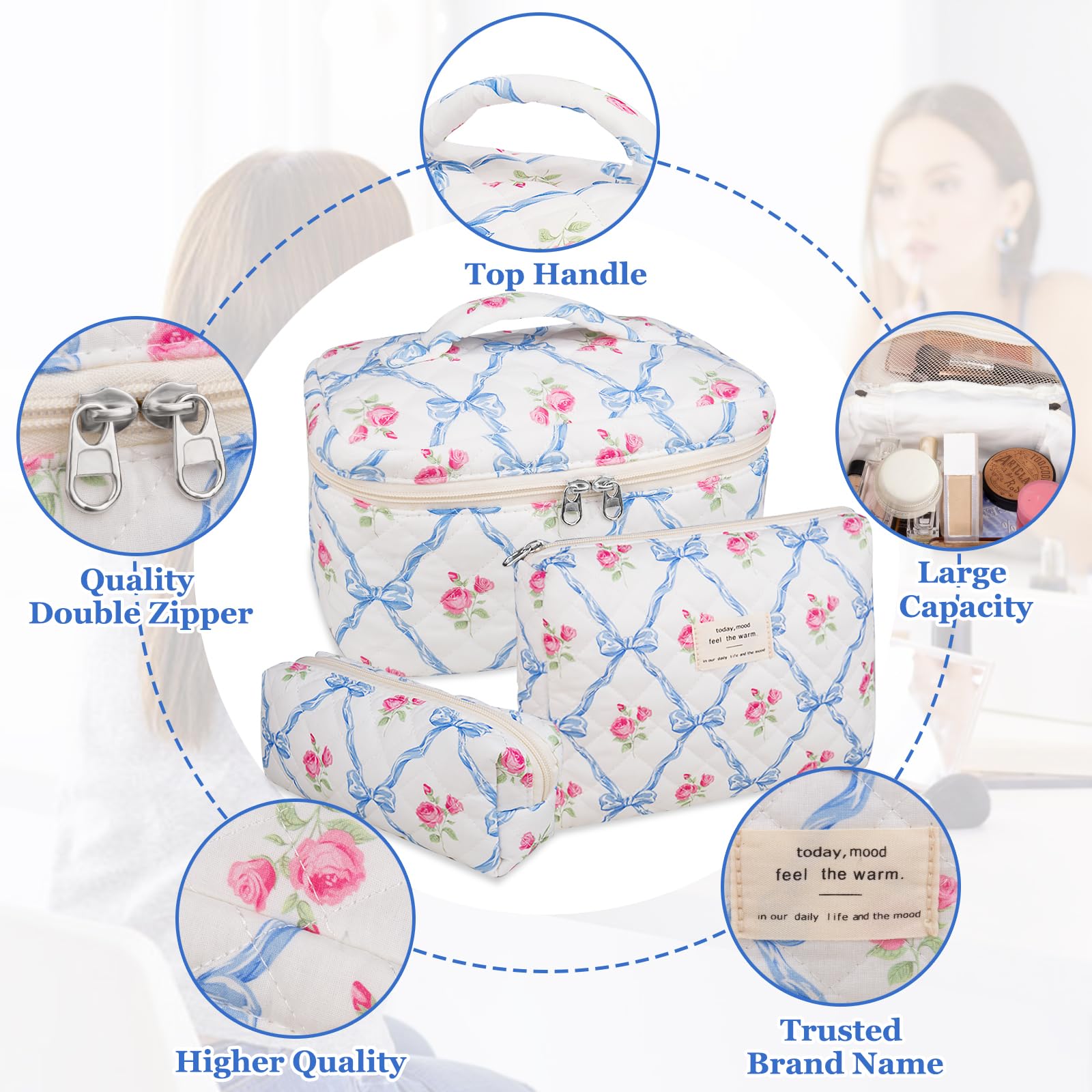Gosect quilted set shown with three sizes for organizing makeup and skincare.