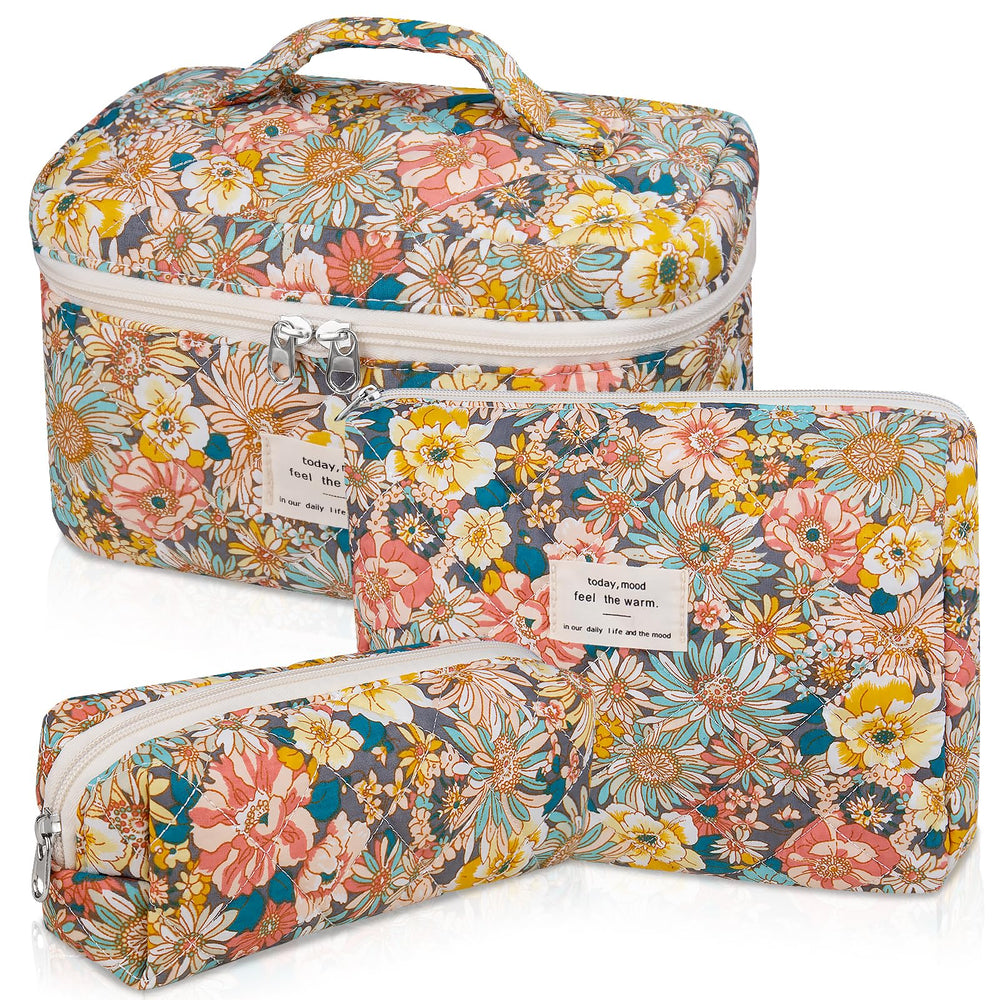Gosect makeup bag set with floral quilted design for stylish travel organization