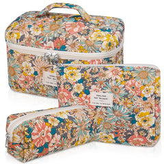 Gosect makeup bag set with floral quilted design for stylish travel organization