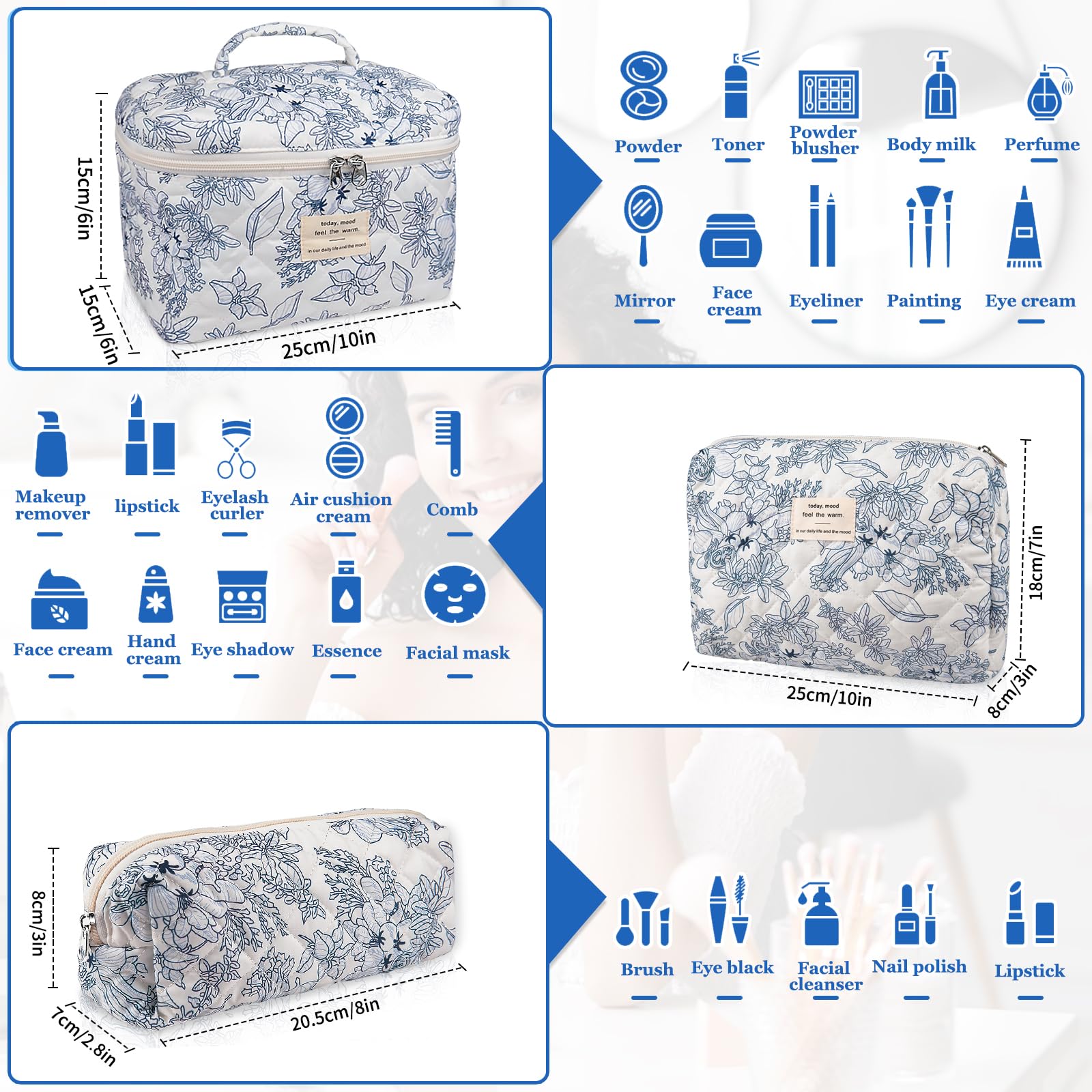 Gosect floral pattern highlights stylish cosmetic storage for events.