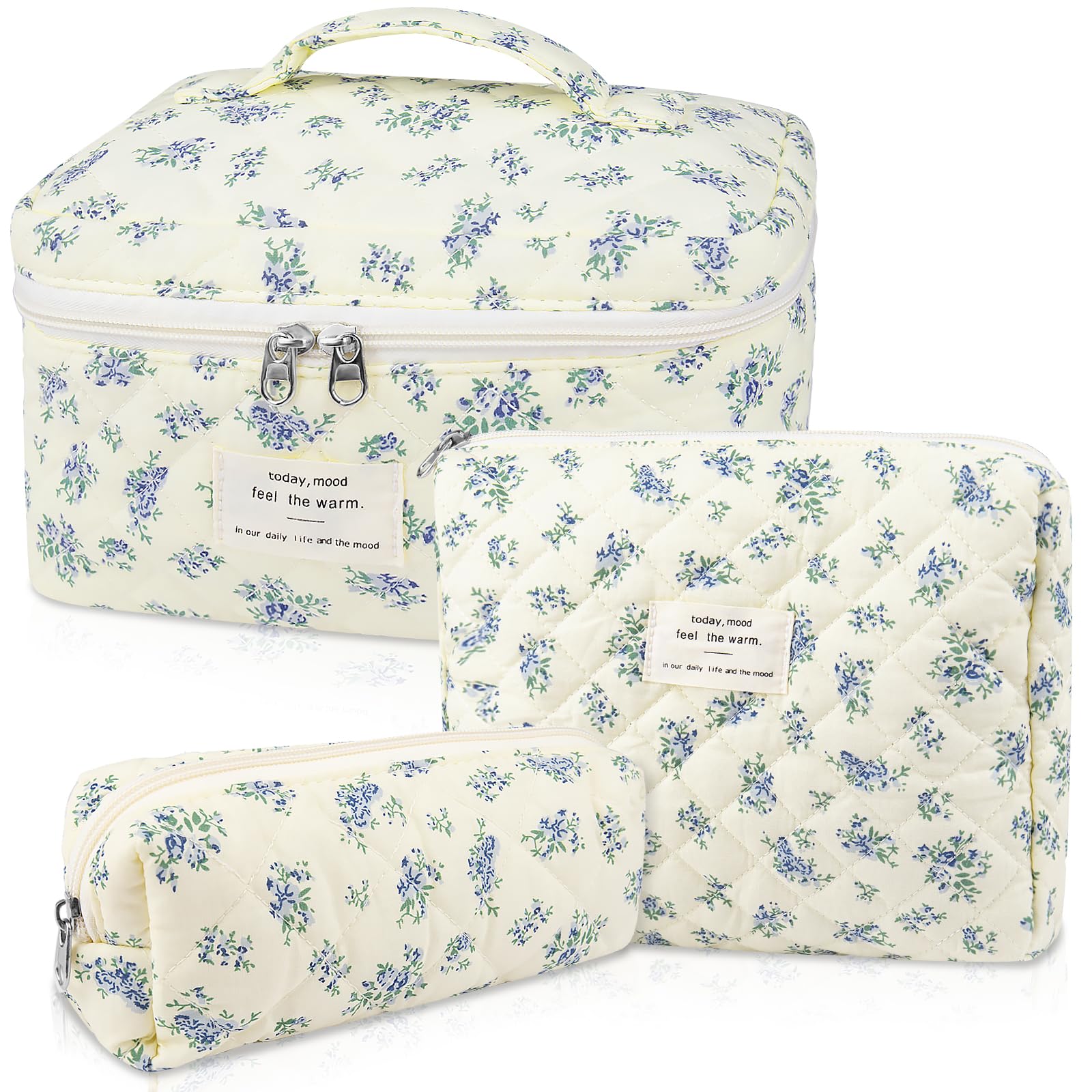 Gosect makeup bag set quilted floral Blue Floer front view for stylish travel organization