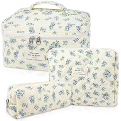 Gosect makeup bag set quilted floral Blue Floer front view for stylish travel organization