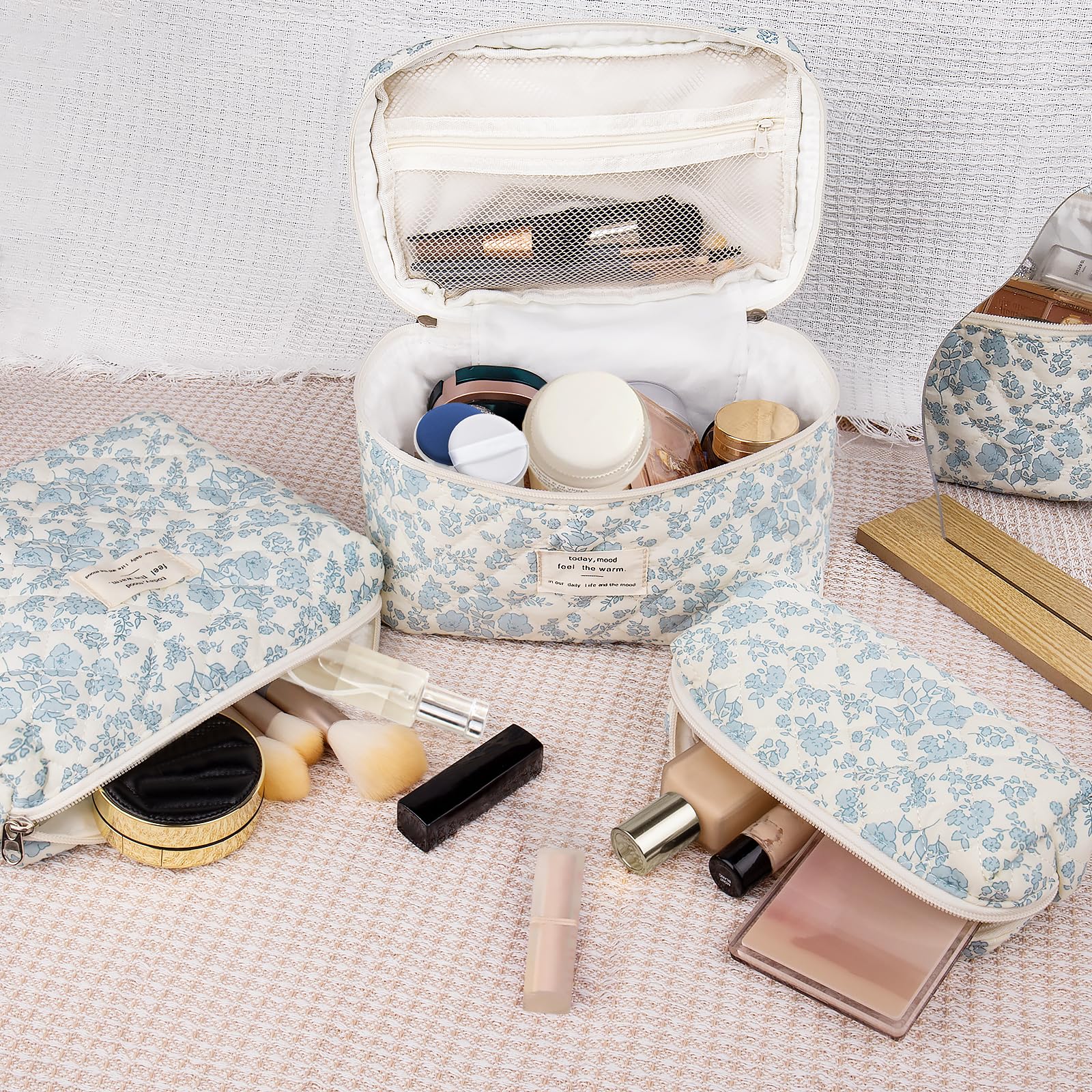 Gosect quilted floral makeup bag highlights softness and style for everyday use.
