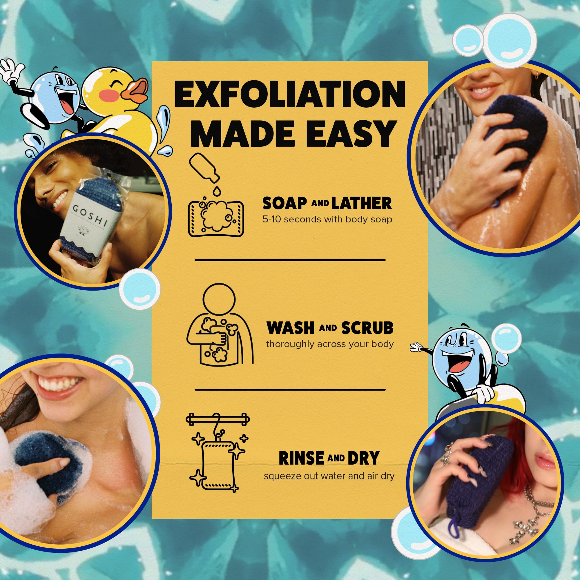 GOSHI Exfoliating Shower Sponge in bathroom scene—quick-dry routine for daily cleansing.