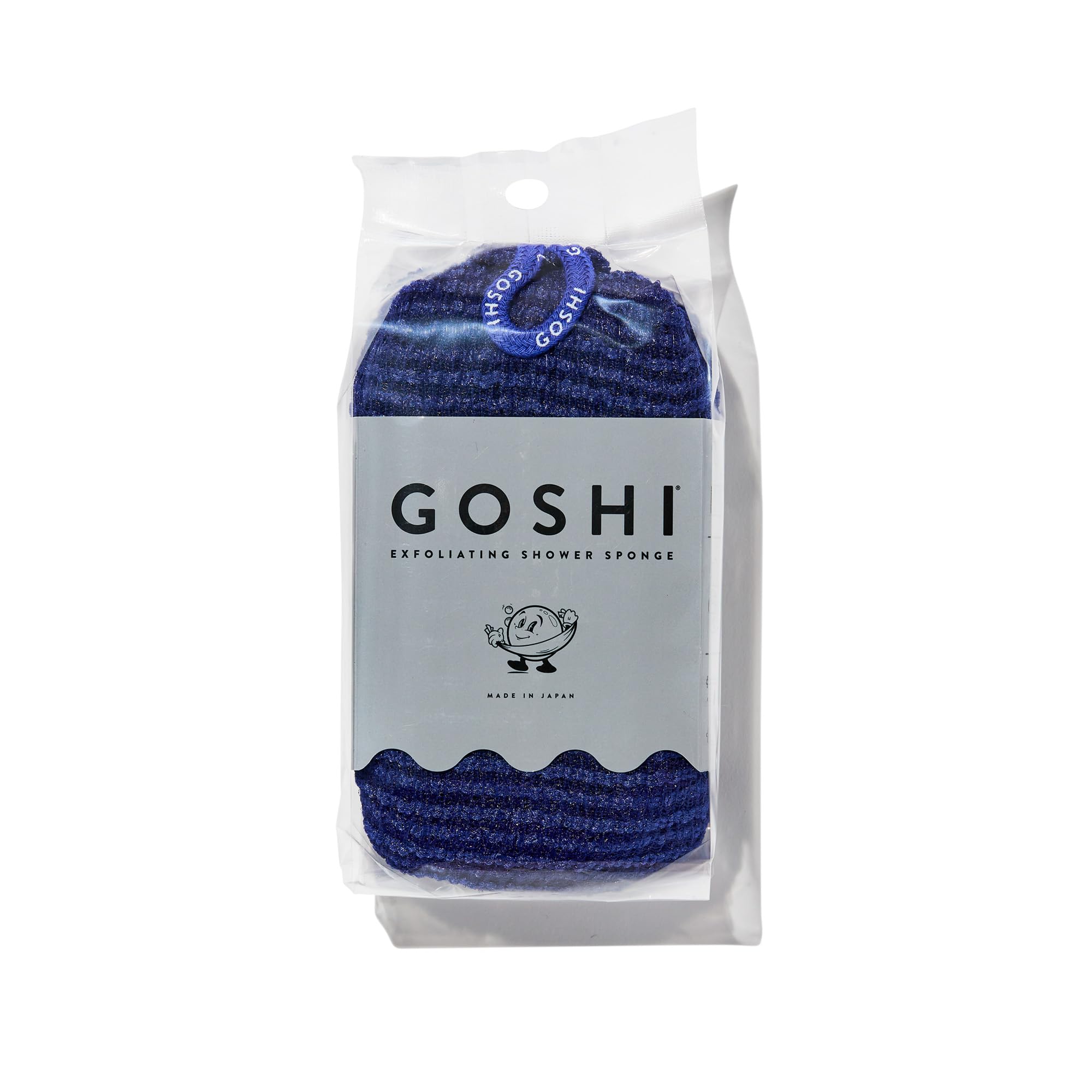 GOSHI Exfoliating Shower Sponge Indigo Blue textured fibers for gentle exfoliation.