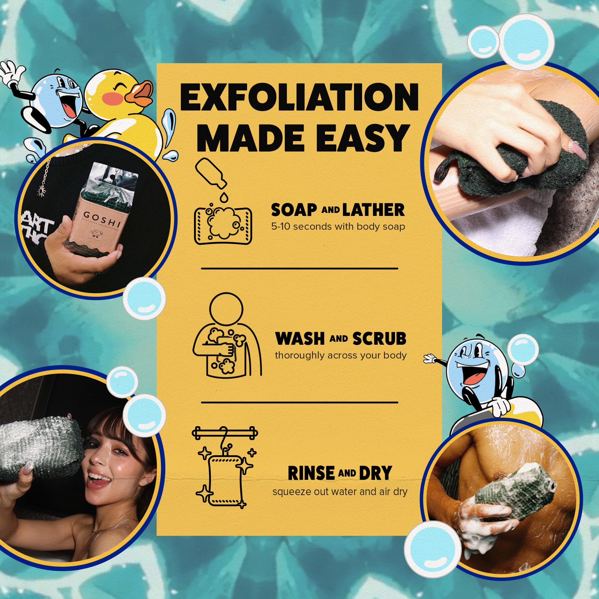 GOSHI Exfoliating Shower Sponge closeup-texture demonstrates quality craftsmanship and effective cleaning.