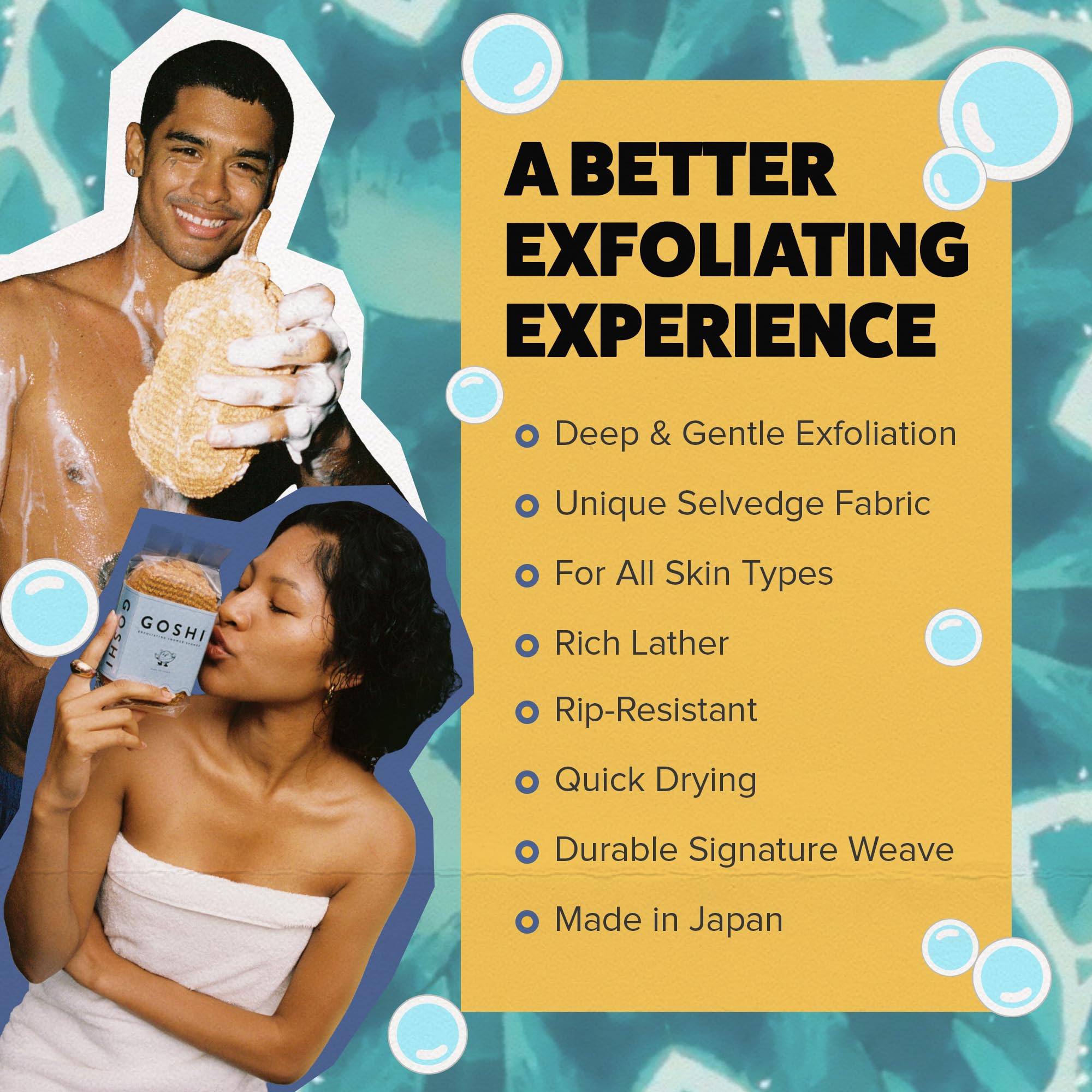 GOSHI exfoliating shower sponge rapid-dry texture shows quick air-drying