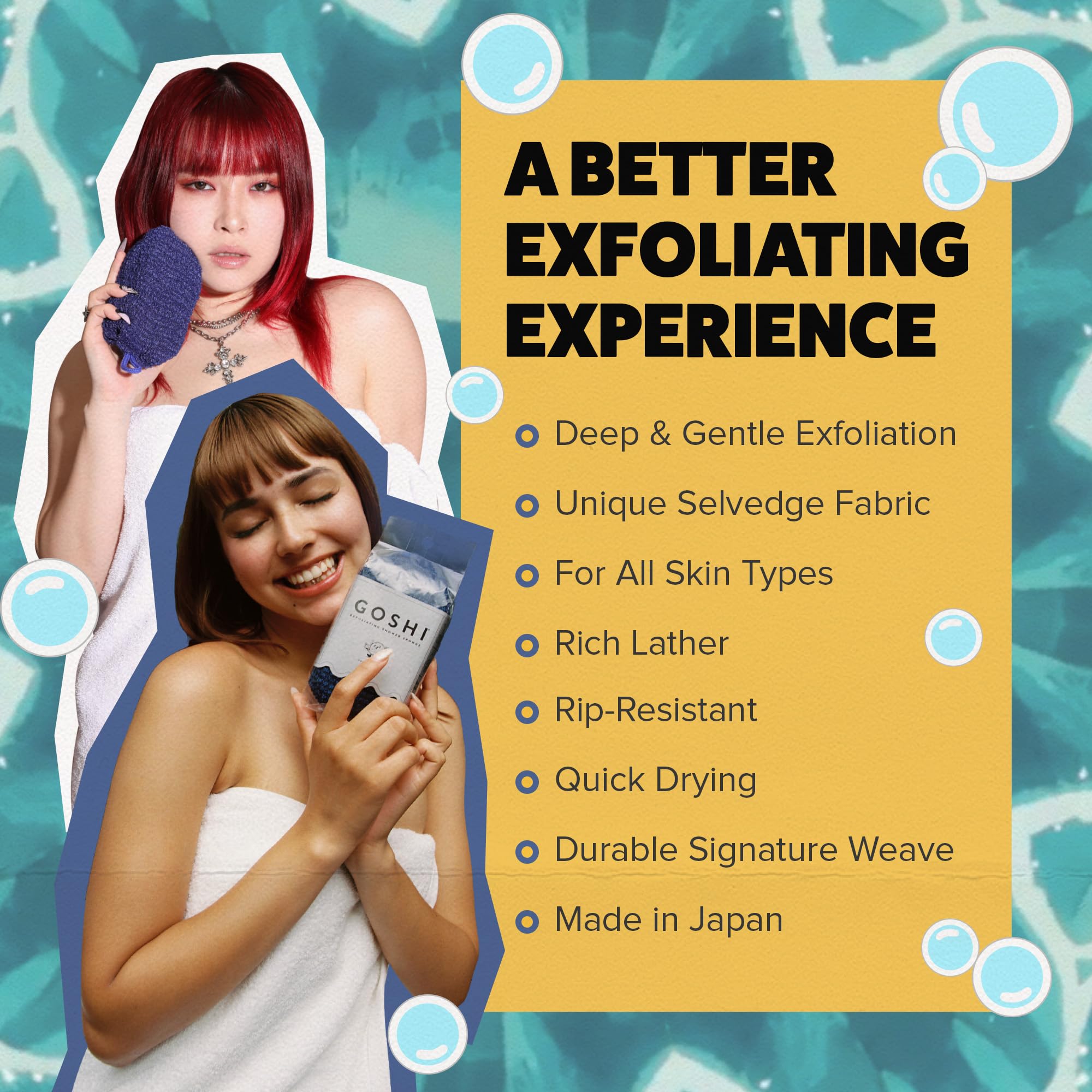 GOSHI Exfoliating Shower Sponge rip-resistant fabric—two-thread weave for thorough cleansing.