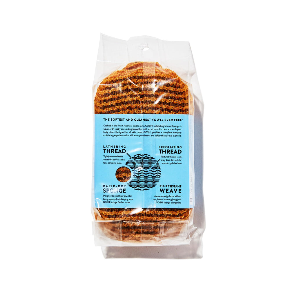 GOSHI exfoliating shower sponge rip-resistant fabric in close-up demonstrating durability