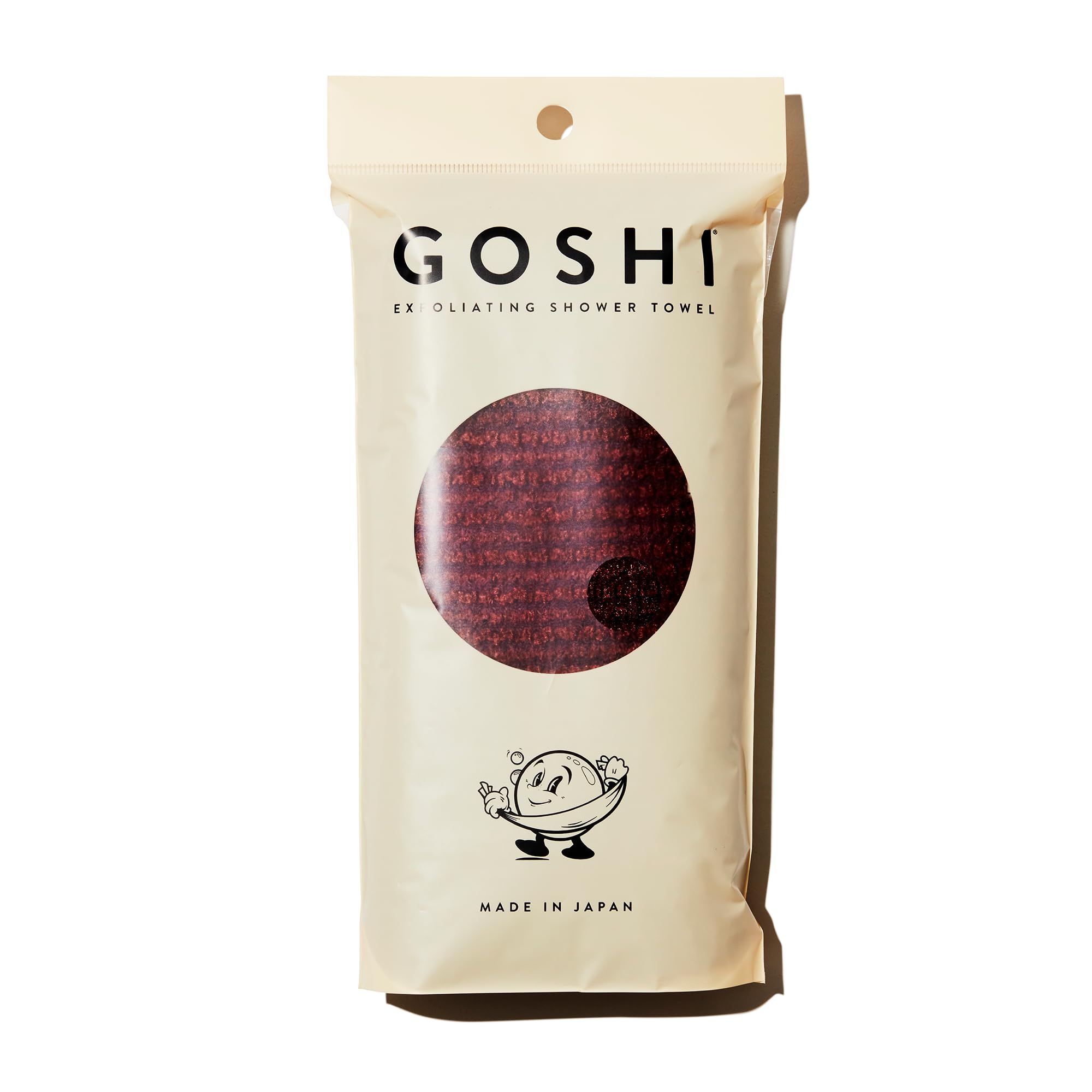 GOSHI exfoliating towel brick-red full view for easy cleansing.