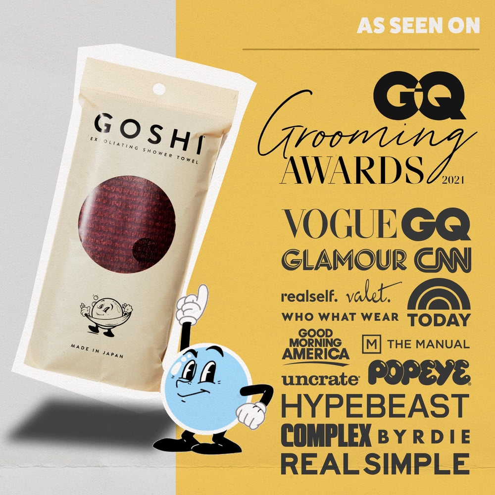 GOSHI exfoliating towel brick-red in-hand demonstrates comfortable shower grip.