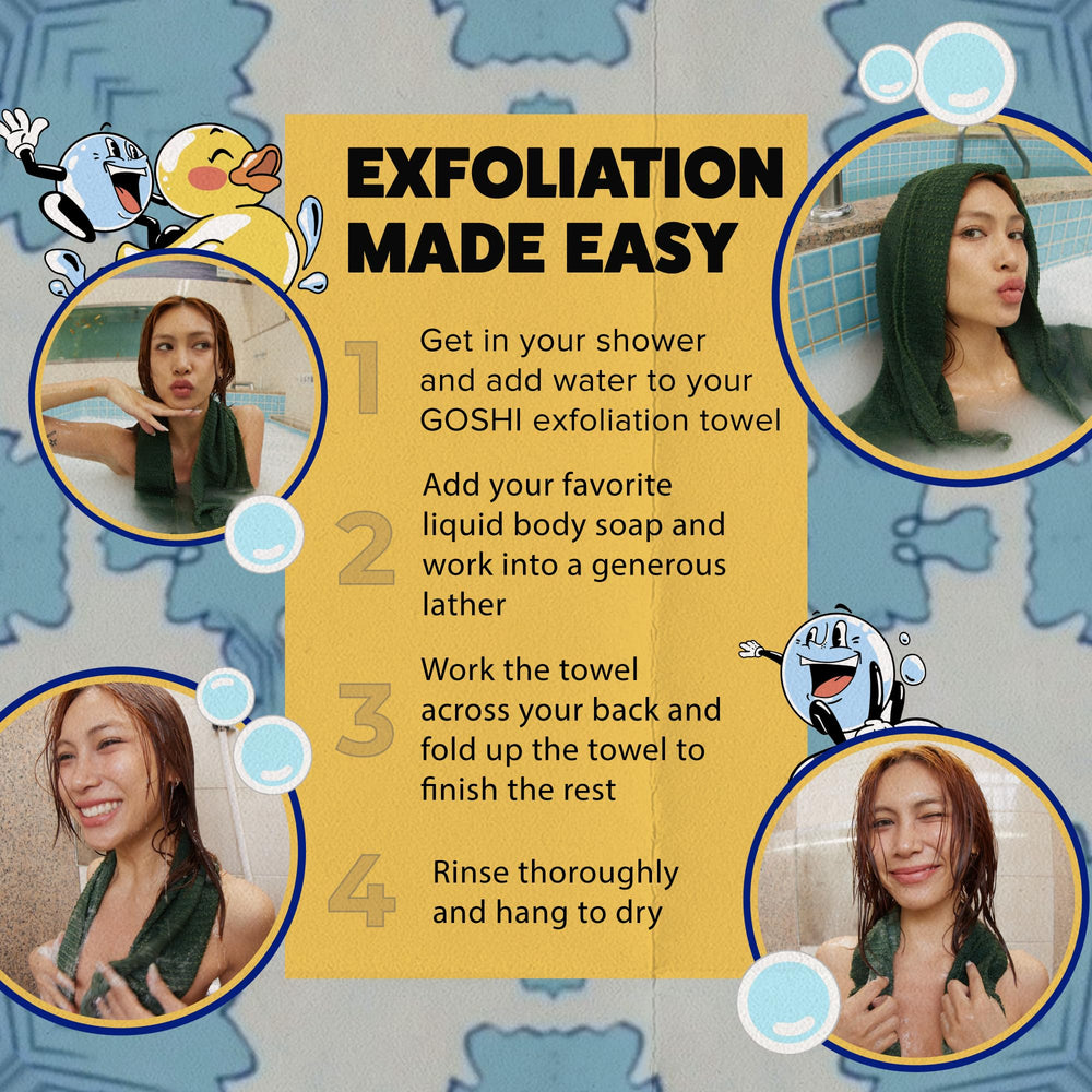 GOSHI exfoliating towel used during shower for smoother skin
