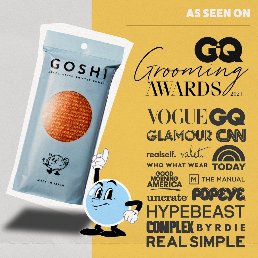 GOSHI Exfoliating Towel lather with soap highlights smooth skin during shower routine.