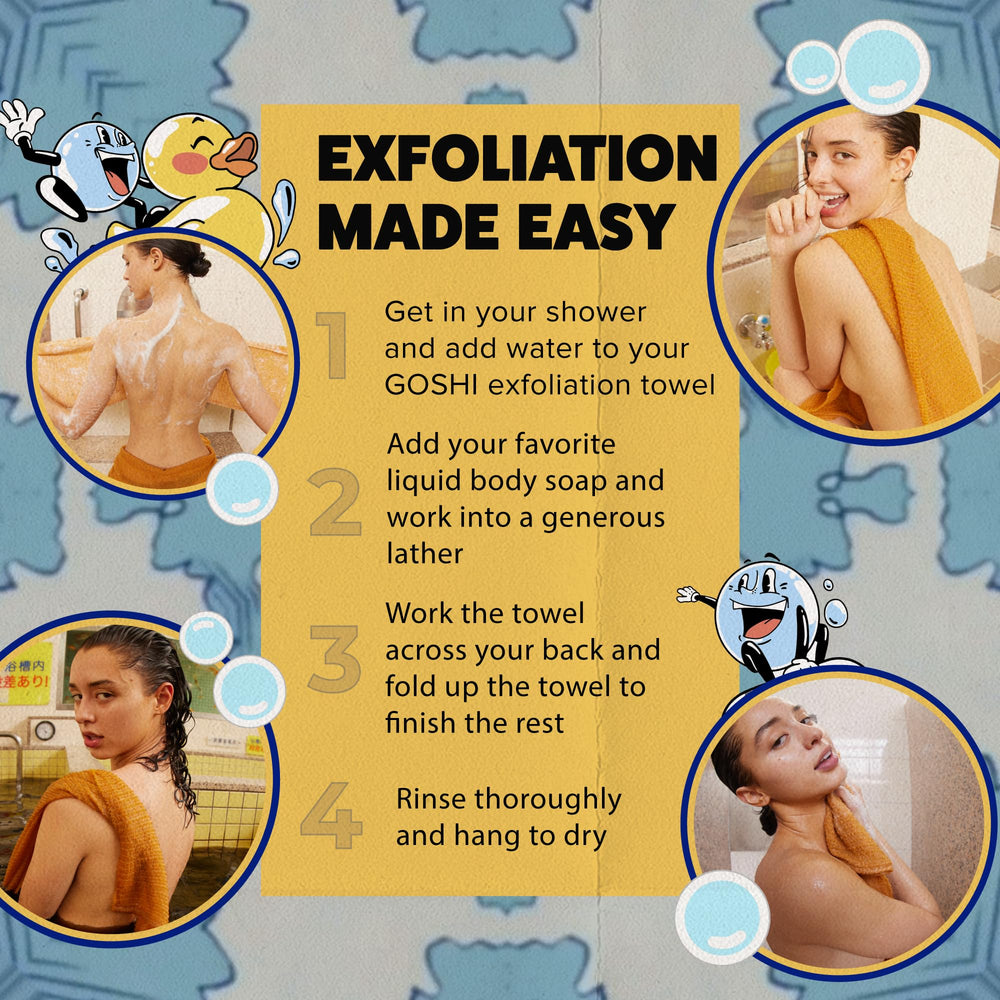 GOSHI Exfoliating Towel made-in-Japan tag signals premium craftsmanship and reliable performance.