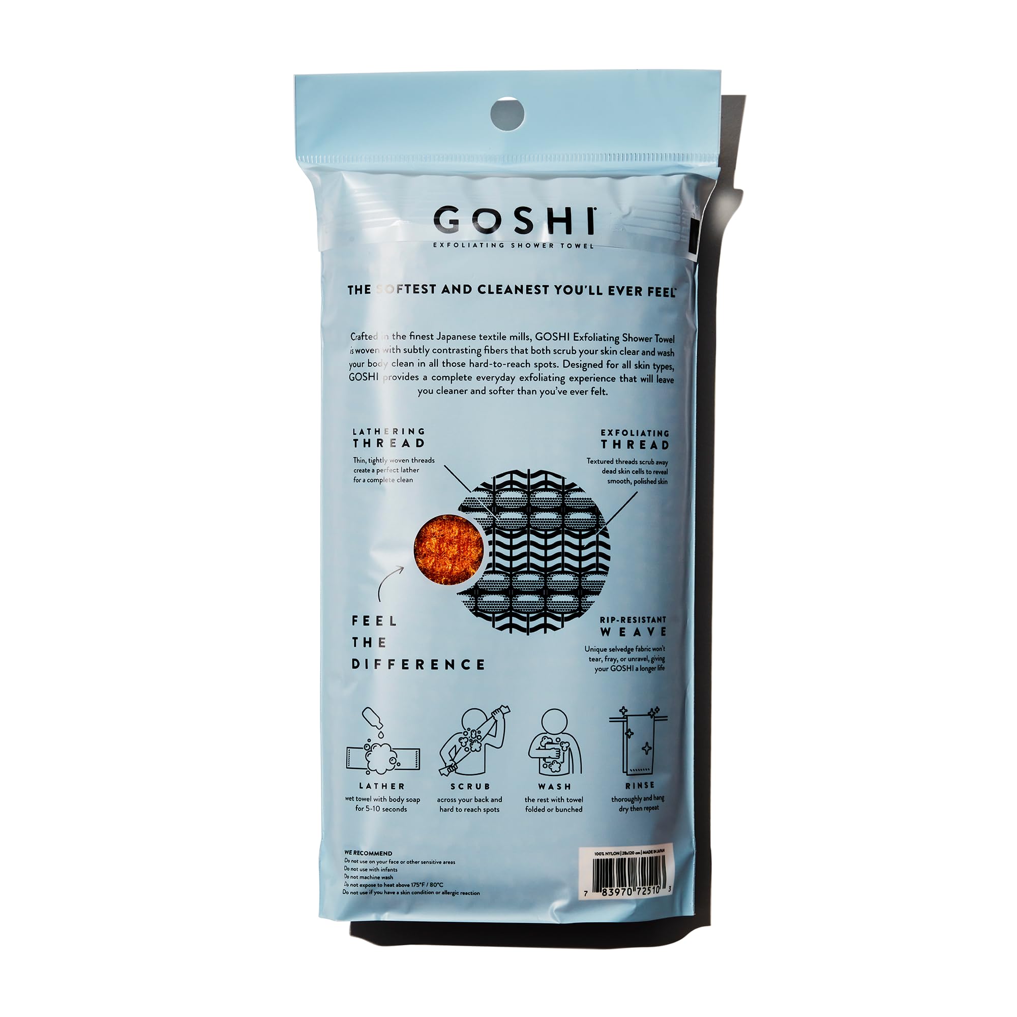 GOSHI marigold-yellow towel closeup shows gentle exfoliation from textured thread