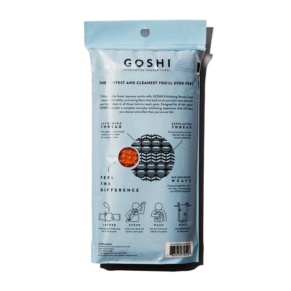 GOSHI marigold-yellow towel closeup shows gentle exfoliation from textured thread