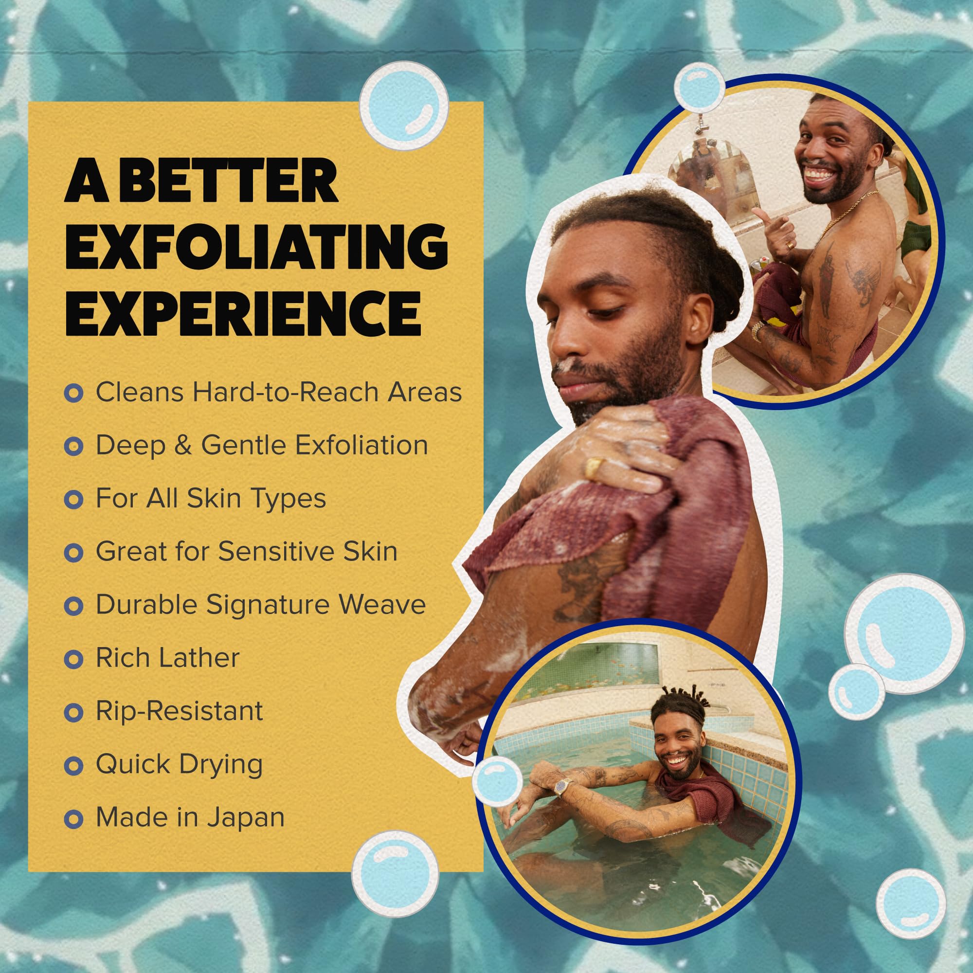 GOSHI Exfoliating Towel textured scrubbing thread for dirt and dead skin removal.