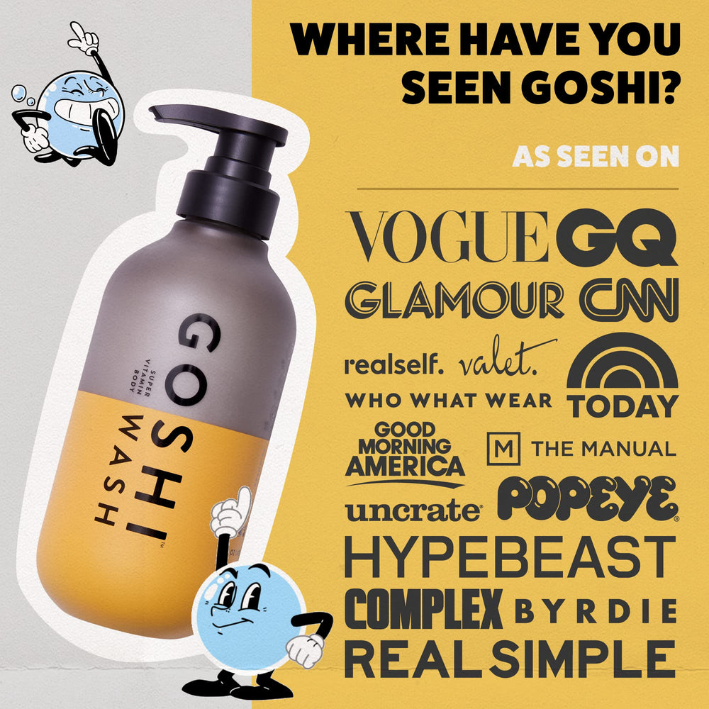 GOSHI Super Vitamin Body Wash bottle closeup highlights rich, gentle lather for all skin types