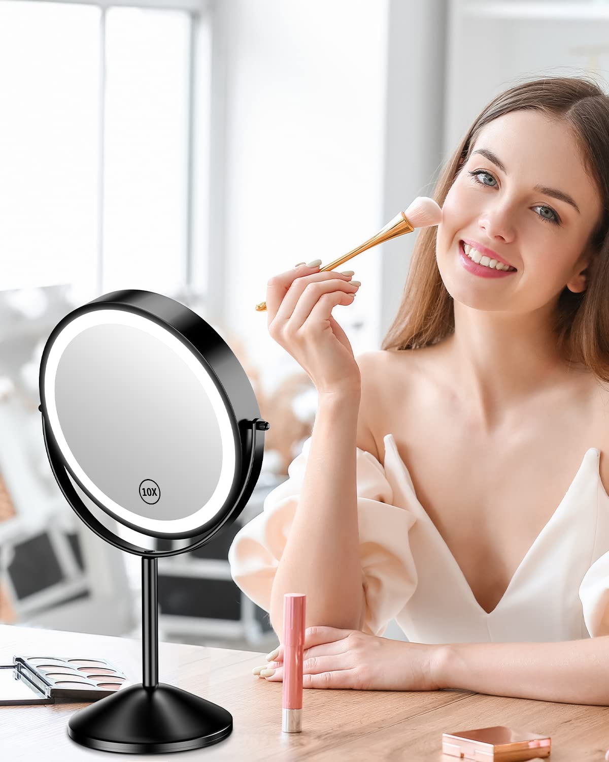 Gospire 8-inch mirror angled view showing 360° rotation for versatile angles.